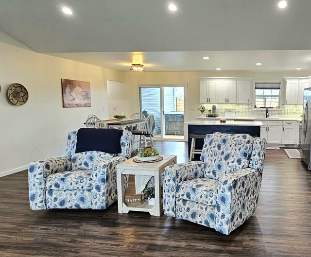 living room featuring sink, plenty of natural light, and dark hardwood / wood-style floors