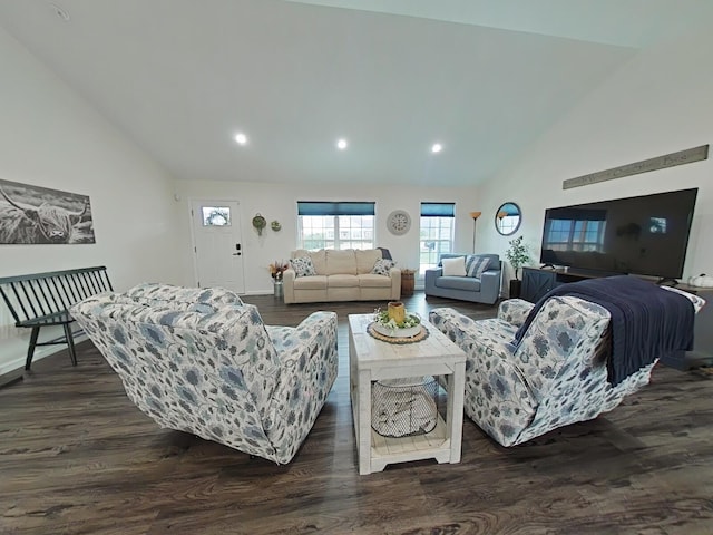 living room featuring dark hardwood / wood-style floors and high vaulted ceiling