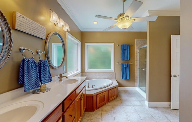 101 NW Amherst Way, Cleveland, TN 37312 - bathroom featuring crown molding, a shower stall, a garden tub, double vanity, and ceiling fan