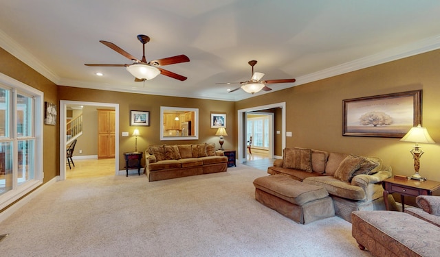 101 NW Amherst Way, Cleveland, TN 37312 - living room featuring ceiling fan, light colored carpet, ornamental molding, and recessed lighting
