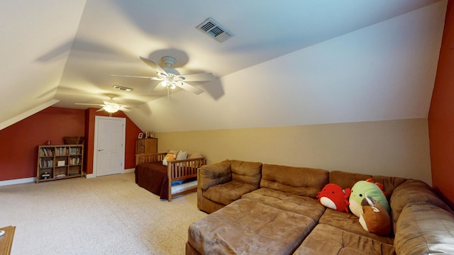 101 NW Amherst Way, Cleveland, TN 37312 - living room featuring ceiling fan, lofted ceiling, and carpet