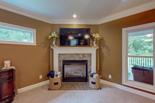 101 NW Amherst Way, Cleveland, TN 37312 - living room with plenty of natural light, crown molding, a fireplace, carpet floors, and recessed lighting