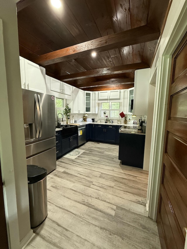 105 Hicks Adams Dr, Reliance, TN 37369 - kitchen featuring wooden ceiling, stainless steel refrigerator with ice dispenser, light wood-type flooring, dishwashing machine, and dark cabinets