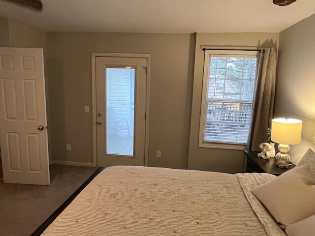 bedroom featuring dark colored carpet