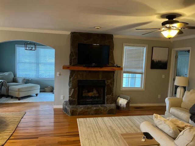 living room featuring crown molding, a fireplace, ceiling fan, and wood-type flooring