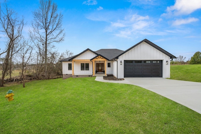 modern inspired farmhouse featuring an attached garage, concrete driveway, crawl space, board and batten siding, and a front yard