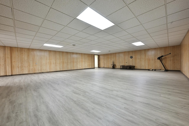 interior space featuring wood finished floors, wood walls, and a paneled ceiling