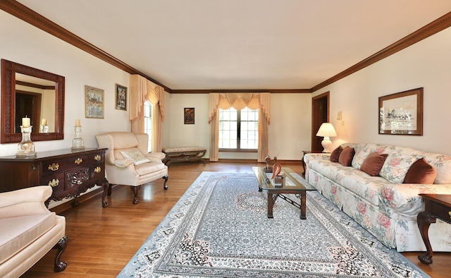 living area with wood finished floors and crown molding