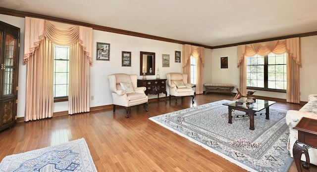 living room with wood-type flooring, baseboards, and ornamental molding