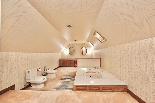 full bath featuring lofted ceiling, wallpapered walls, a bidet, and toilet