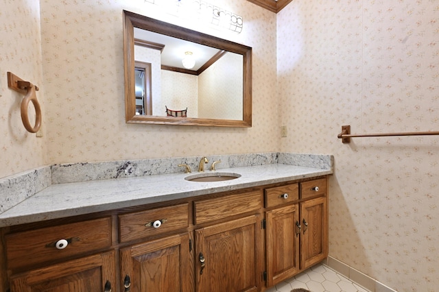 bathroom featuring wallpapered walls, tile patterned floors, and vanity