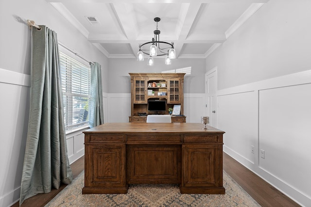 office area with beamed ceiling, coffered ceiling, a notable chandelier, and dark hardwood / wood-style flooring