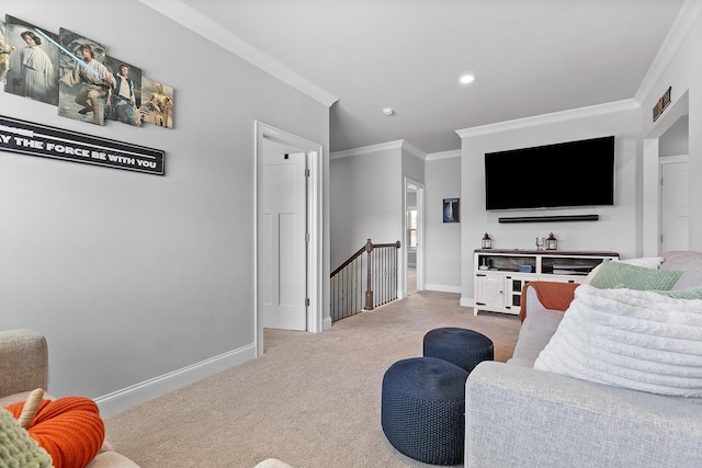 carpeted living room with crown molding