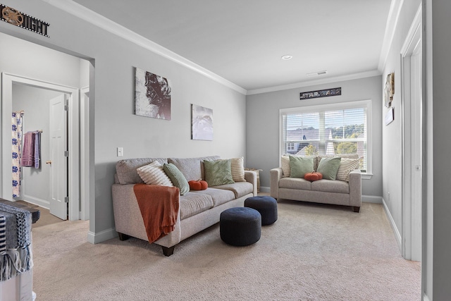 living room featuring ornamental molding and light carpet