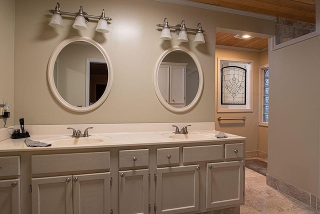 bathroom with vanity and wooden ceiling