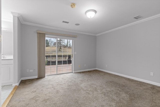 unfurnished room with light carpet and ornamental molding