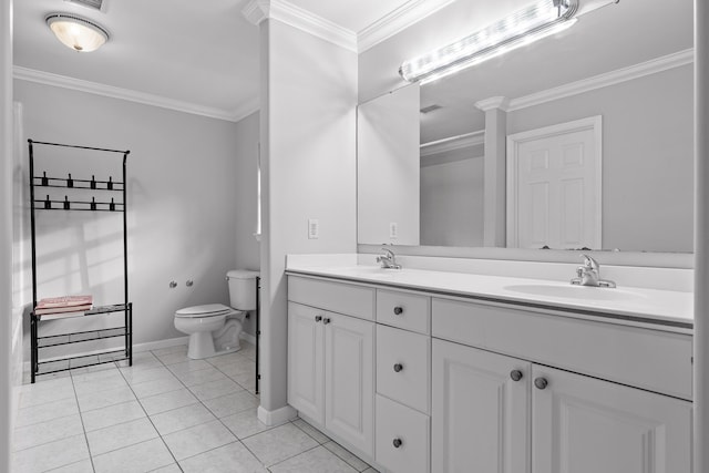 bathroom featuring ornamental molding, toilet, tile patterned flooring, and vanity