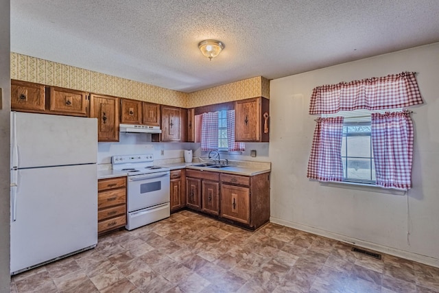 kitchen featuring under cabinet range hood, white appliances, a sink, visible vents, and light countertops