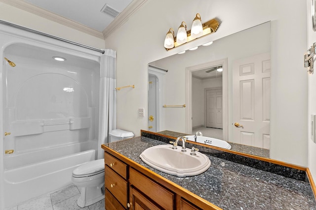 full bath featuring shower / bath combination with curtain, toilet, crown molding, visible vents, and vanity