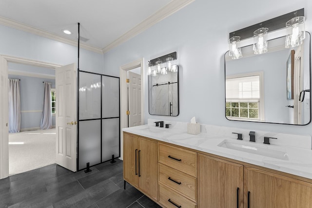 bathroom with a sink, crown molding, and plenty of natural light