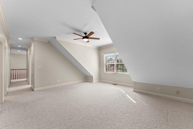 additional living space with recessed lighting, baseboards, visible vents, ceiling fan, and carpet floors