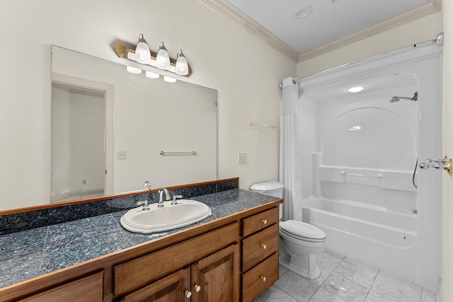 full bath featuring toilet, shower / bathtub combination, vanity, and crown molding
