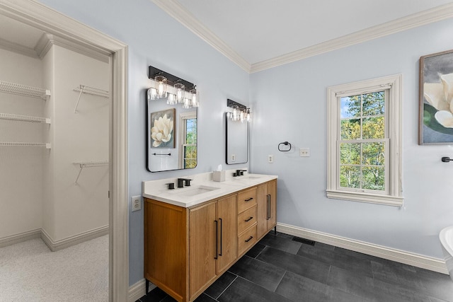 full bath with baseboards, visible vents, a sink, crown molding, and double vanity