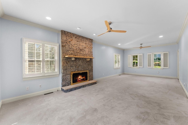 unfurnished living room with crown molding, visible vents, ceiling fan, and recessed lighting