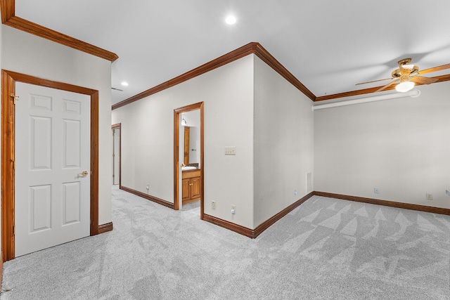 unfurnished room with recessed lighting, crown molding, light carpet, a ceiling fan, and baseboards