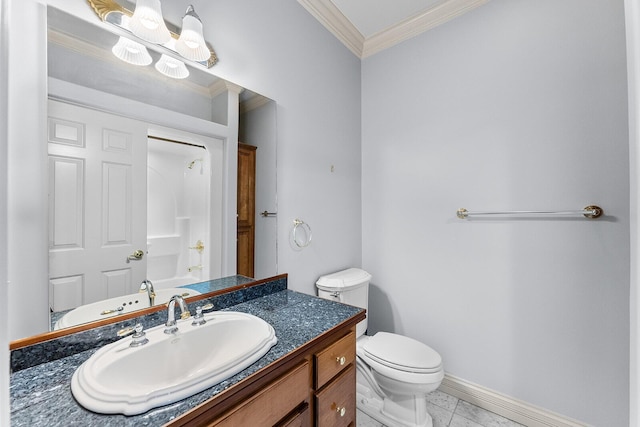 full bathroom with toilet, baseboards, walk in shower, vanity, and crown molding