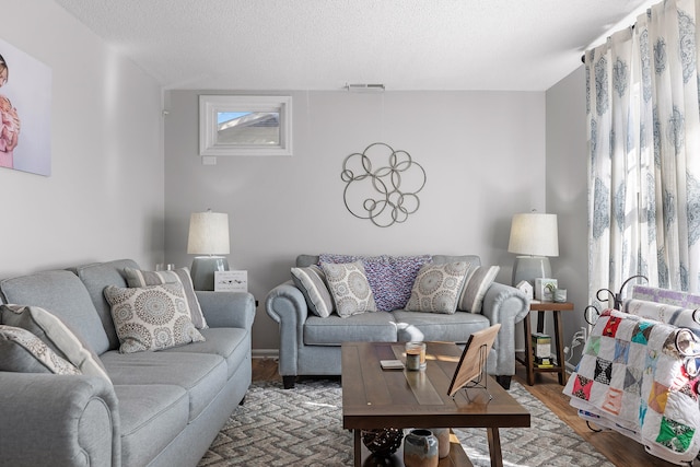 living room featuring hardwood / wood-style floors, a healthy amount of sunlight, and a textured ceiling