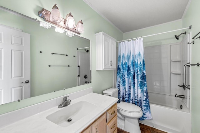 full bathroom featuring shower / tub combo with curtain, toilet, a textured ceiling, vanity, and ornamental molding