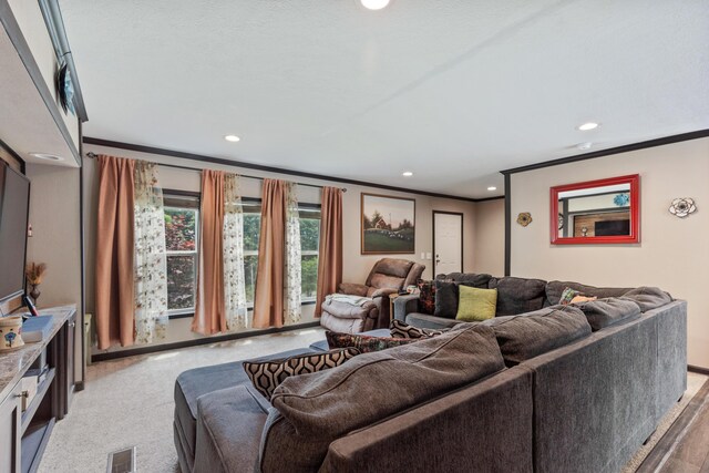 308 S Crisp Ln, Decatur, TN 37322 - living room with ornamental molding, recessed lighting, and light colored carpet
