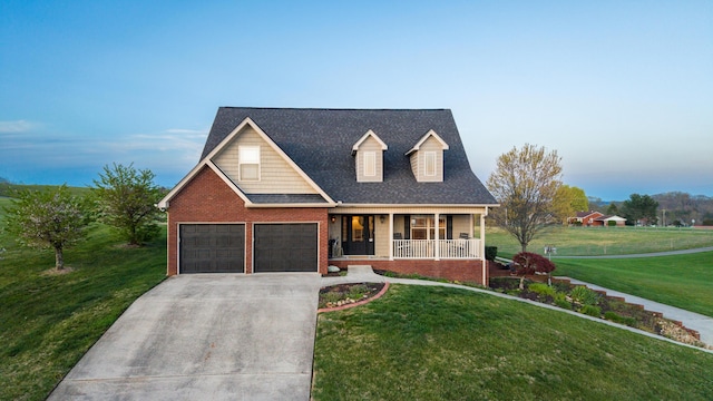 view of front of home with a front lawn, roof with shingles, covered porch, and concrete driveway
