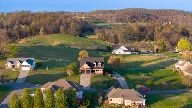 aerial view featuring a rural view and a forest view