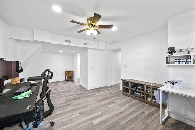 office featuring ceiling fan, visible vents, light wood finished floors, and recessed lighting