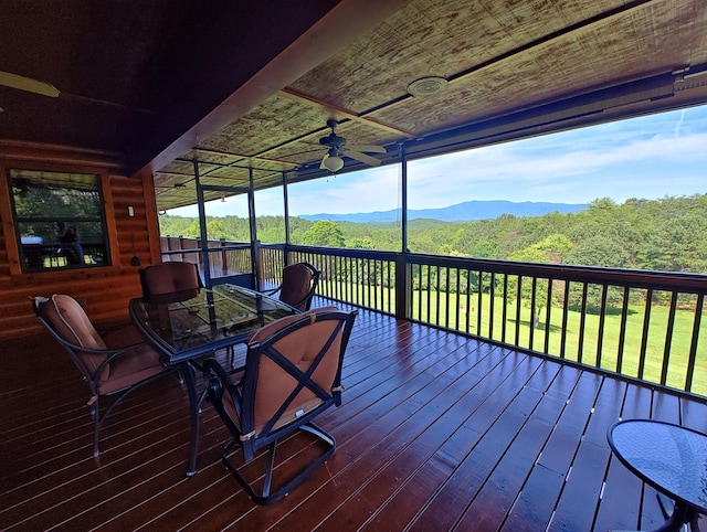 156 Pine View Ln, Copperhill, TN 37317 - deck featuring a ceiling fan, a mountain view, outdoor dining area, and a forest view
