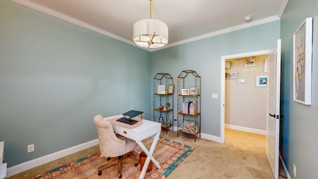 office featuring baseboards, ornamental molding, and carpet floors