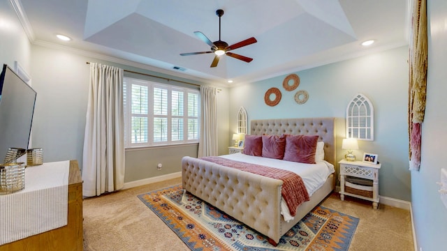 bedroom featuring crown molding, visible vents, and carpet floors