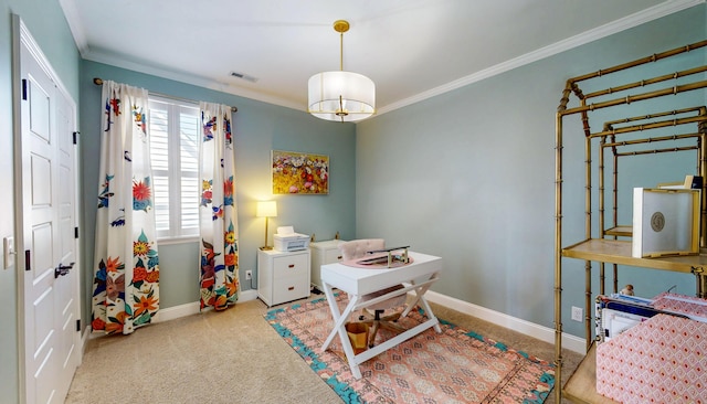 interior space with crown molding, carpet flooring, baseboards, and visible vents