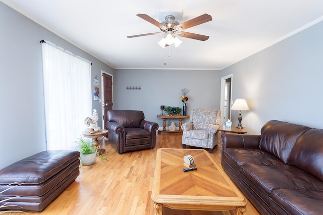 living room featuring crown molding, ceiling fan, and wood-type flooring