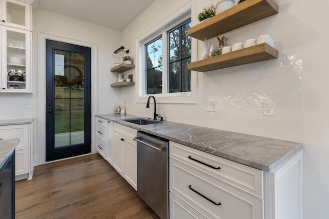 kitchen with a sink, open shelves, stainless steel dishwasher, white cabinetry, and dark wood-style flooring