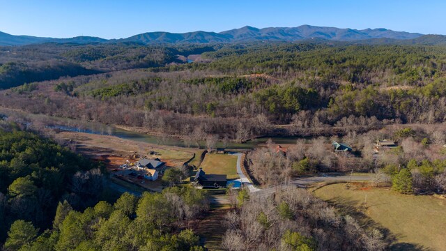 aerial view with a view of trees and a mountain view