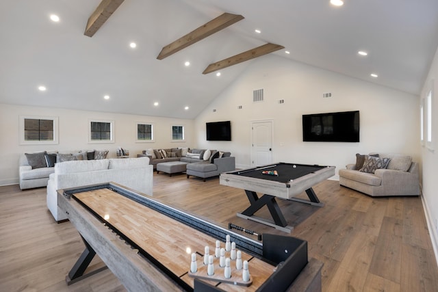 playroom with visible vents, beam ceiling, light wood-style flooring, and pool table