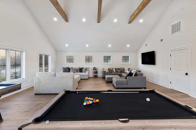 recreation room with visible vents, baseboards, beamed ceiling, and wood finished floors