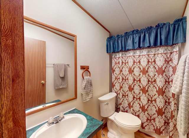 bathroom with toilet, crown molding, a textured ceiling, and vanity