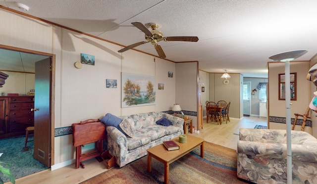 living room featuring ceiling fan, crown molding, a textured ceiling, and light wood-type flooring