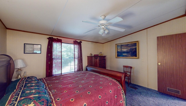 carpeted bedroom featuring ceiling fan, ornamental molding, and vaulted ceiling