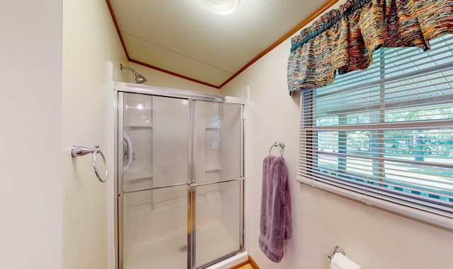 bathroom featuring a textured ceiling, lofted ceiling, crown molding, and walk in shower