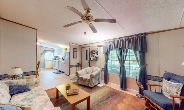 living room featuring ceiling fan and a textured ceiling